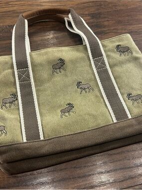 VINTAGE L.L.Bean Canvas Boat & Tote Moose Tan Brown Leather Trim Small Purse Bag